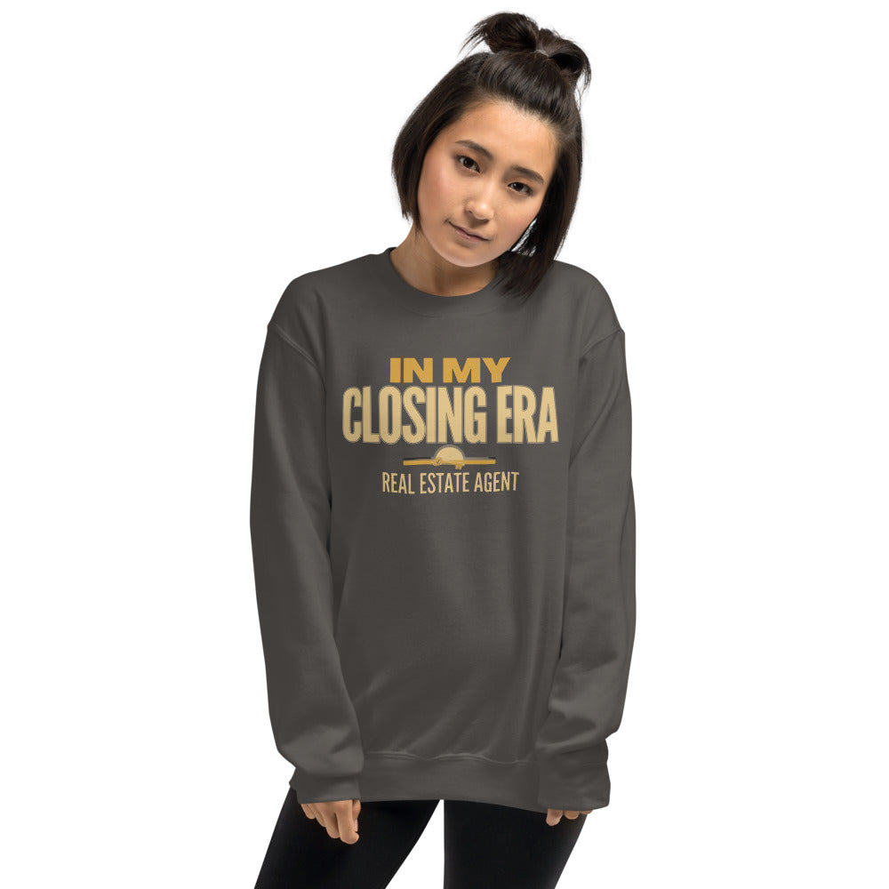In My Closing Era real estate agent crewneck sweatshirt — Charcoal, on model