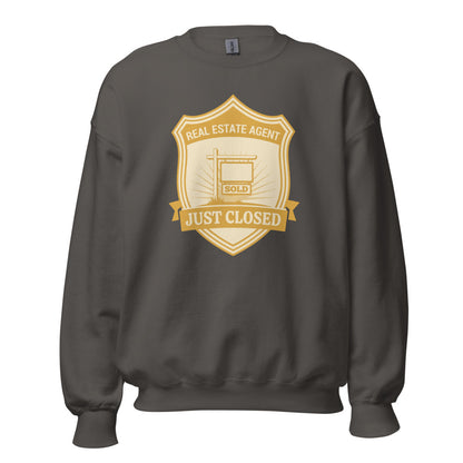 Just Closed real estate agent crewneck sweatshirt — Charcoal, front