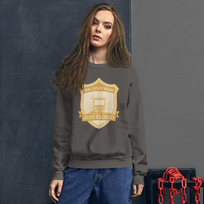 Just Closed real estate agent crewneck sweatshirt — Charcoal, on model