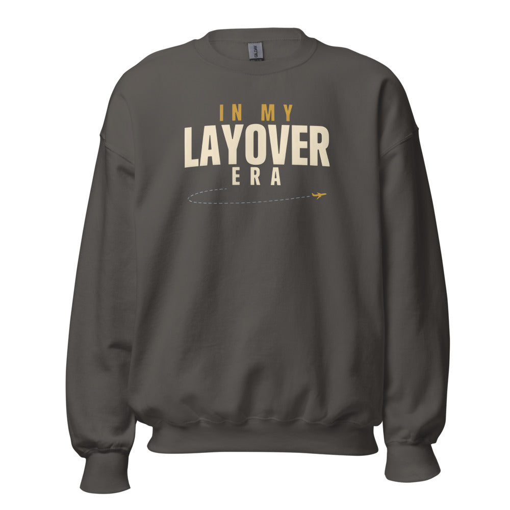 In My Layover Era flight attendant crewneck sweatshirt — Charcoal, front