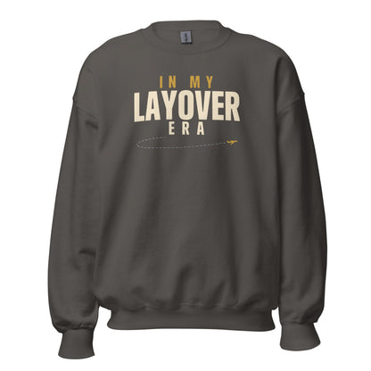 In My Layover Era flight attendant crewneck sweatshirt — Charcoal, front