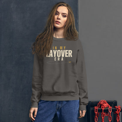 In My Layover Era flight attendant crewneck sweatshirt — Charcoal, on model
