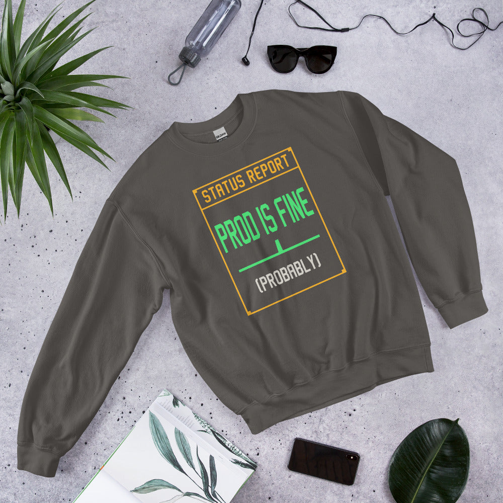 Prod Is Fine programmer crewneck — Charcoal, front-right