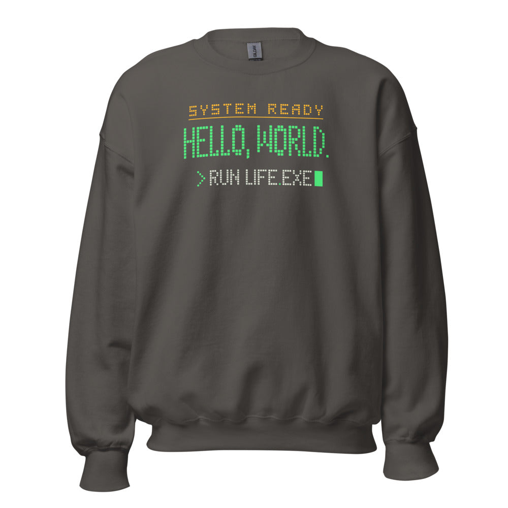 Hello World retro boot screen programmer crewneck sweatshirt — Charcoal, front