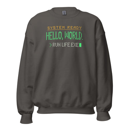 Hello World retro boot screen programmer crewneck sweatshirt — Charcoal, front