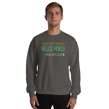 Hello World retro boot screen programmer crewneck sweatshirt — Charcoal, on model