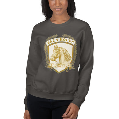 Barn Hours Riding Club vintage equestrian stable crest crewneck sweatshirt — Charcoal, on model