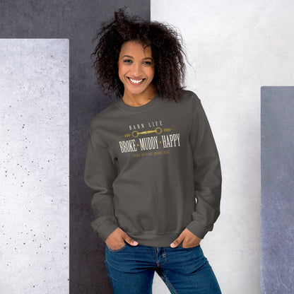 Broke Muddy Happy funny barn life equestrian crewneck sweatshirt — Charcoal, on model