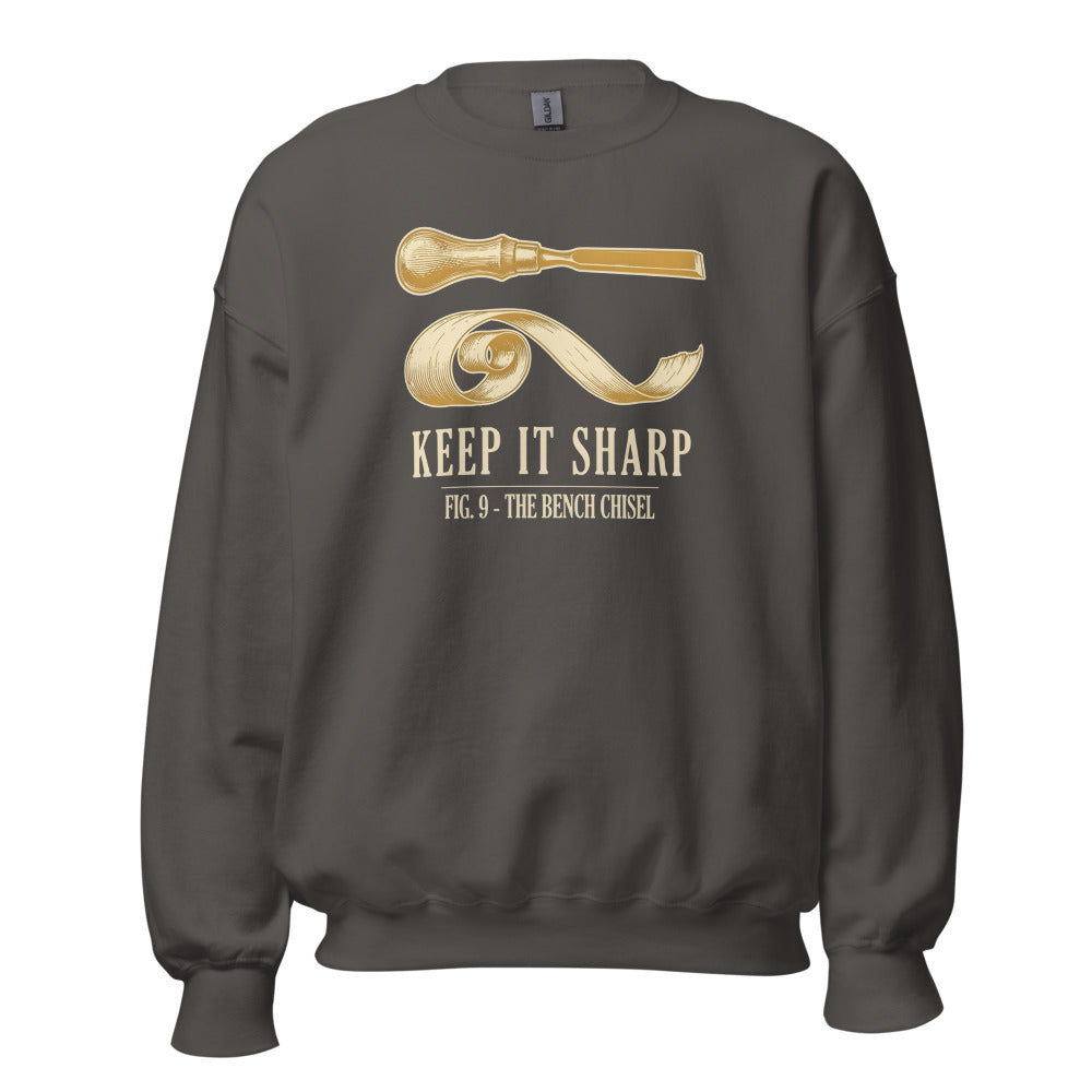 Keep It Sharp woodworking crewneck sweatshirt — Charcoal, front