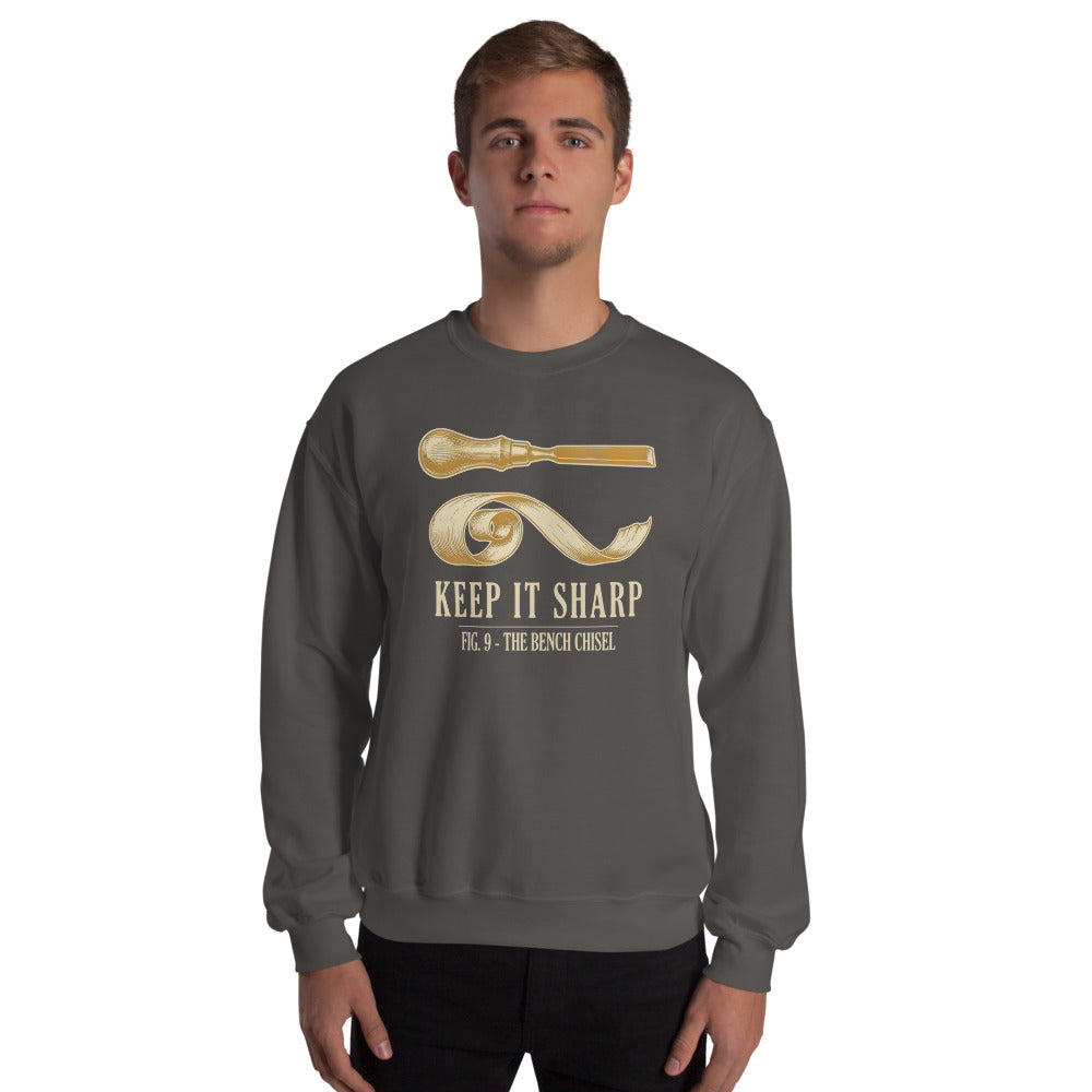 Keep It Sharp woodworking crewneck sweatshirt — Charcoal, on model