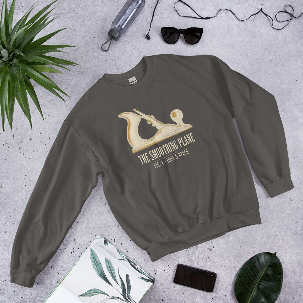 Fig. 4 The Smoothing Plane woodworking crewneck sweatshirt — Charcoal, front-right