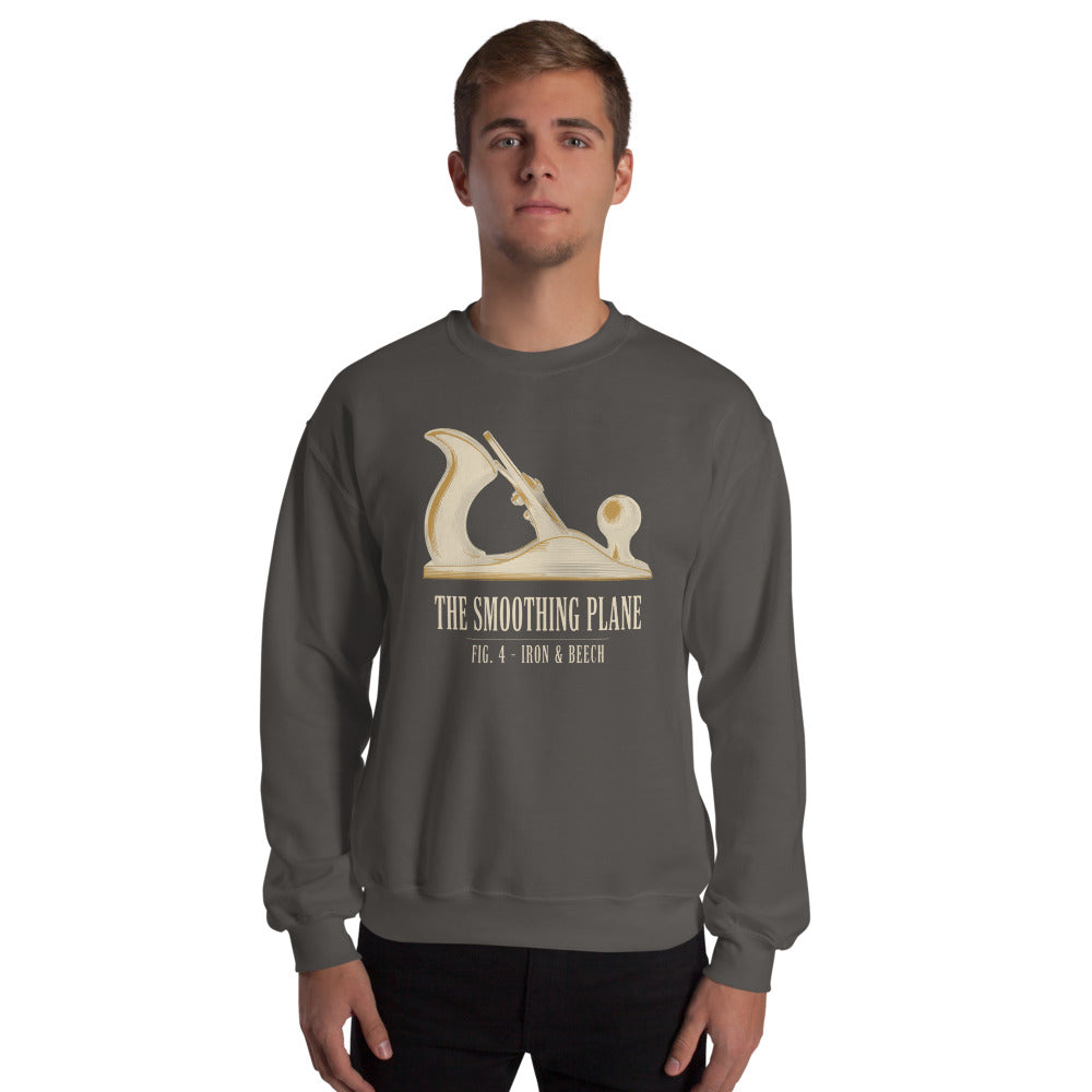 Fig. 4 The Smoothing Plane woodworking crewneck sweatshirt — Charcoal, on model