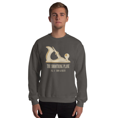 Fig. 4 The Smoothing Plane woodworking crewneck sweatshirt — Charcoal, on model