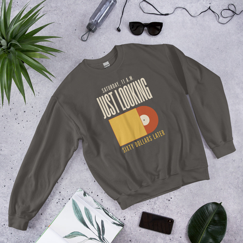 Just Looking Sixty Dollars Later vinyl record crewneck sweatshirt — Charcoal, front-right