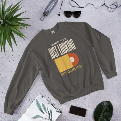 Just Looking Sixty Dollars Later vinyl record crewneck sweatshirt — Charcoal, front-right