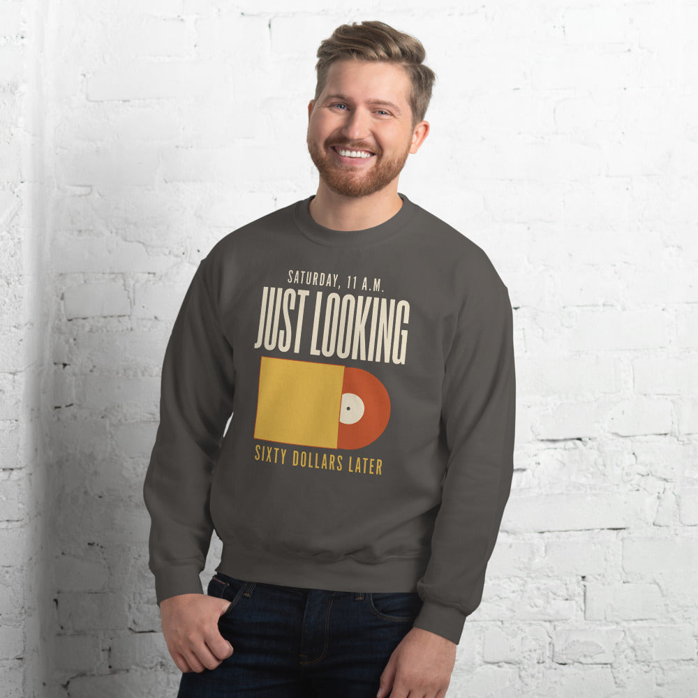 Just Looking Sixty Dollars Later vinyl record crewneck sweatshirt — Charcoal, on model