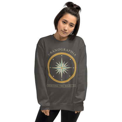 Uranographia vintage celestial chart astronomy crewneck sweatshirt — Charcoal, on model
