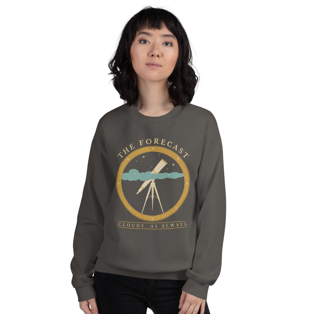 The Forecast Cloudy As Always funny astronomy crewneck sweatshirt — Charcoal, on model