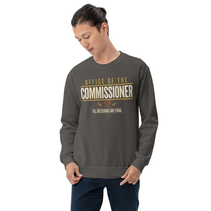 Office of the Commissioner fantasy football draft crewneck sweatshirt — Charcoal, on model