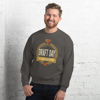 Draft Day Almanac vintage fantasy football champion crewneck sweatshirt — Charcoal, on model