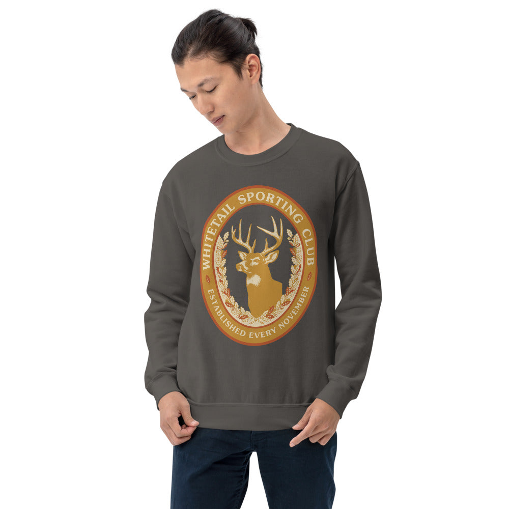 Whitetail Sporting Club vintage deer hunting crewneck sweatshirt — Charcoal, on model