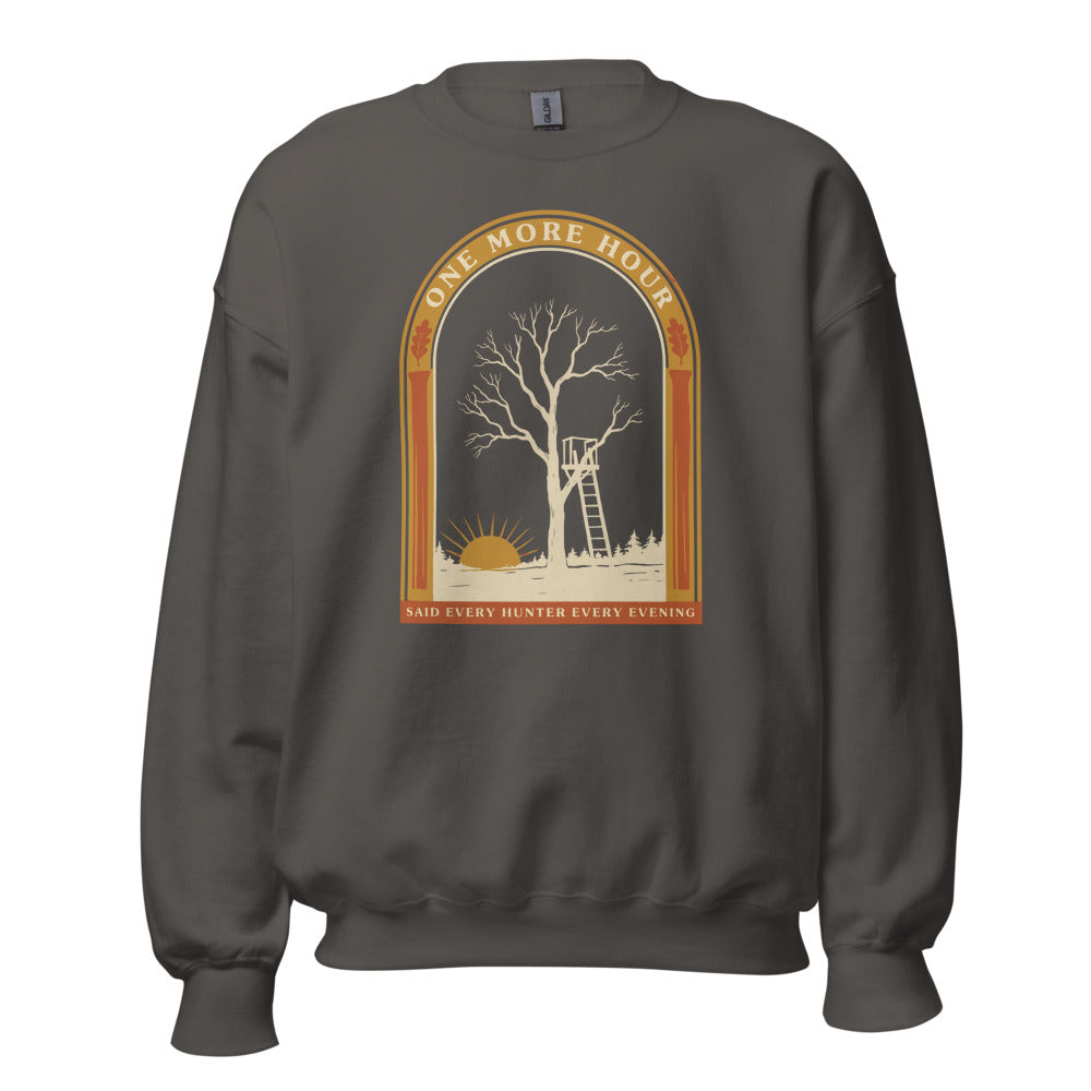 One More Hour funny deer hunting crewneck — Charcoal, front