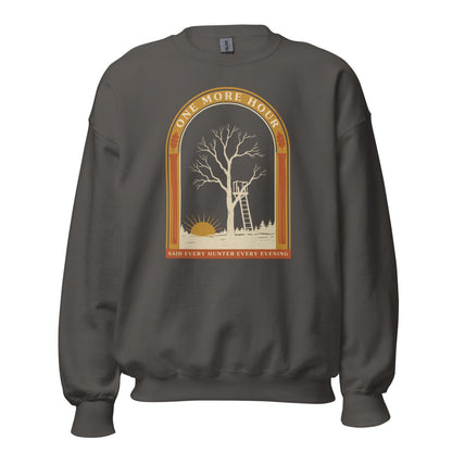 One More Hour funny deer hunting crewneck — Charcoal, front