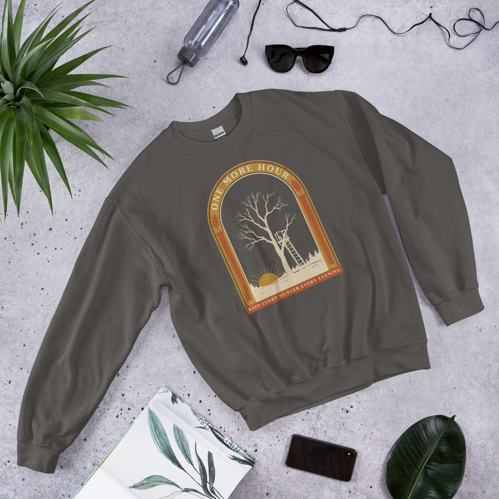 One More Hour funny deer hunting crewneck — Charcoal, front-right