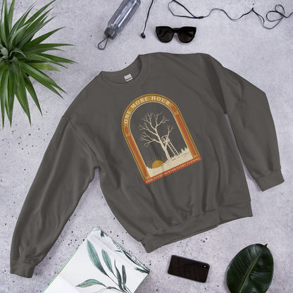 One More Hour funny deer hunting crewneck — Charcoal, front-right