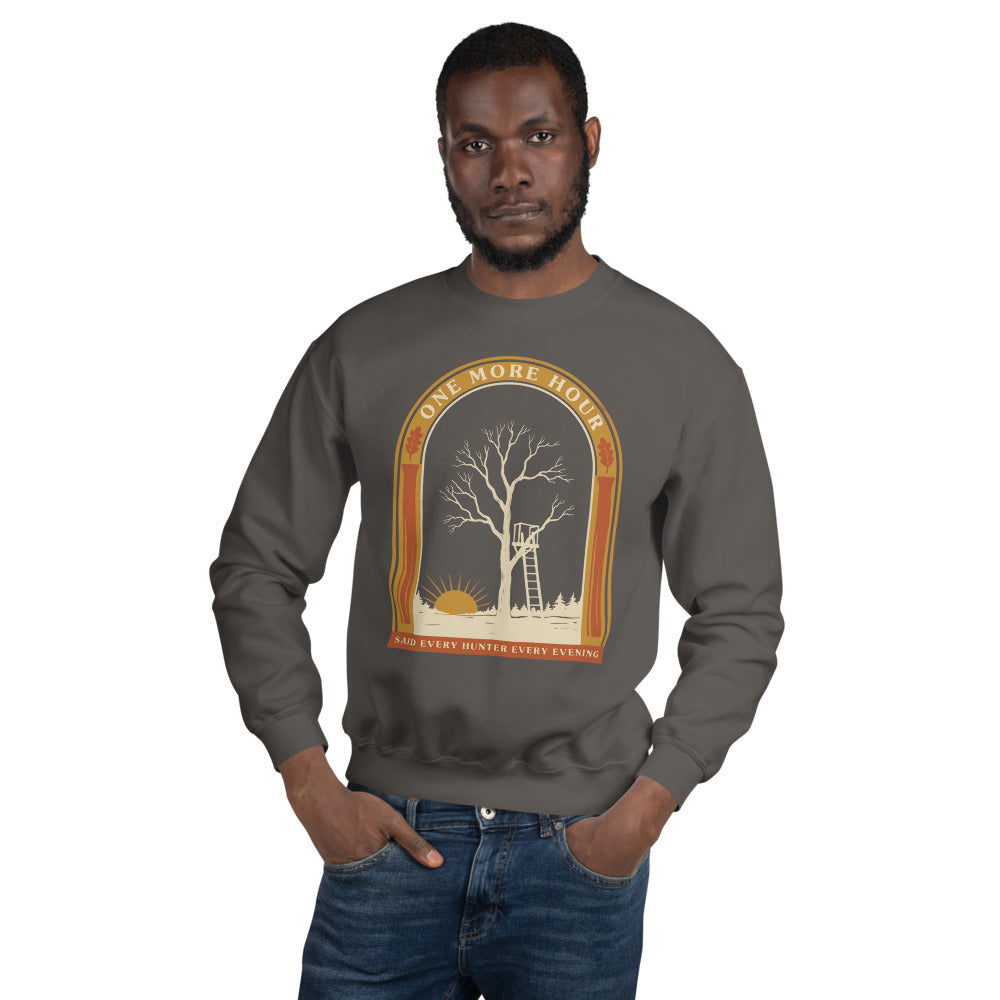 One More Hour funny deer hunting crewneck — Charcoal, on model