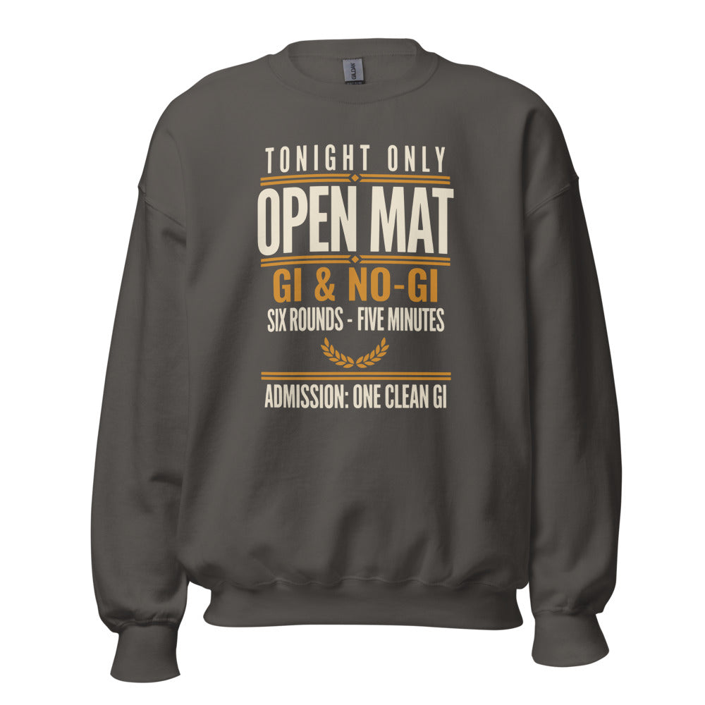 Open Mat Tonight Brazilian jiu jitsu crewneck sweatshirt — Charcoal, front