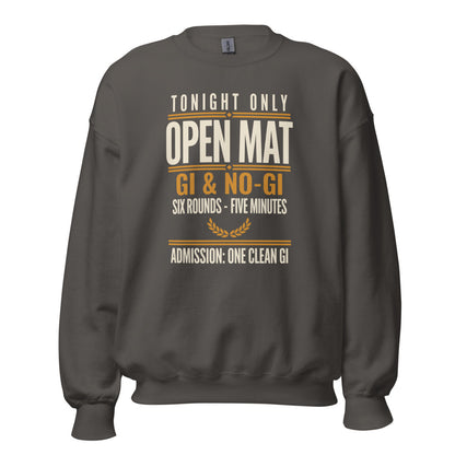 Open Mat Tonight Brazilian jiu jitsu crewneck sweatshirt — Charcoal, front