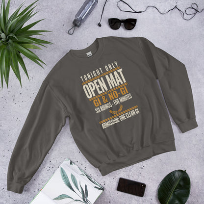 Open Mat Tonight Brazilian jiu jitsu crewneck sweatshirt — Charcoal, front-right