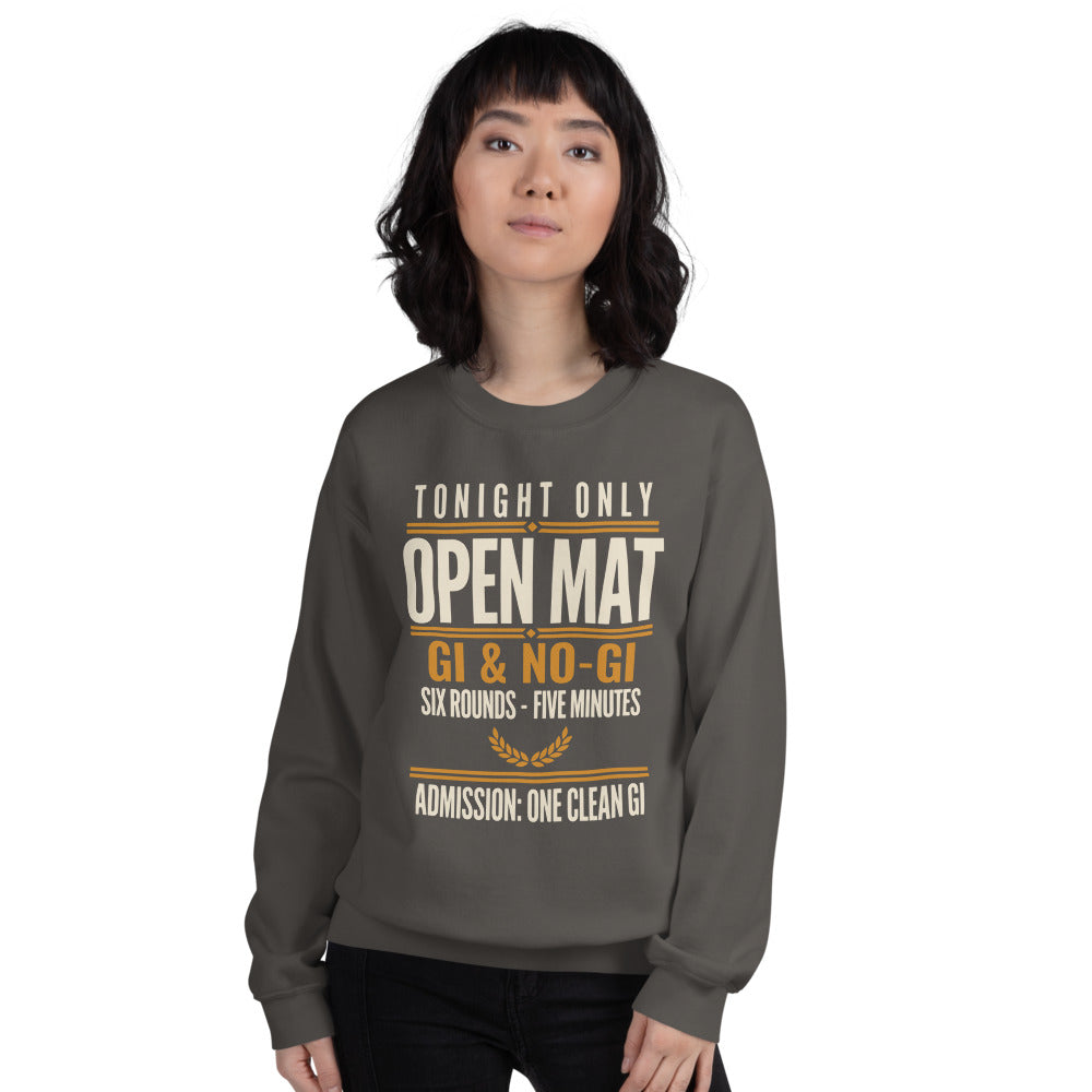 Open Mat Tonight Brazilian jiu jitsu crewneck sweatshirt — Charcoal, on model