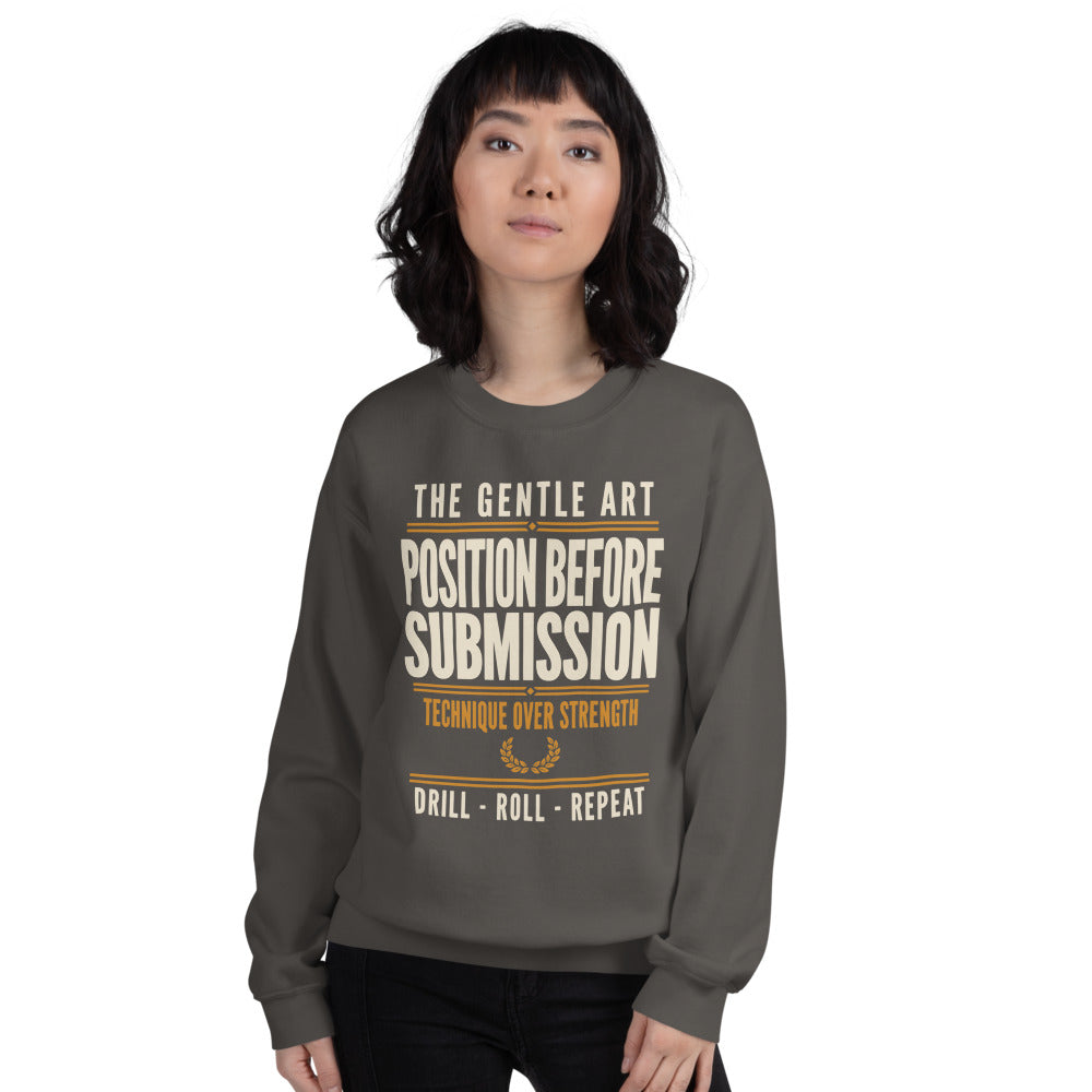 Position Before Submission Brazilian jiu jitsu sweatshirt — Charcoal, on model