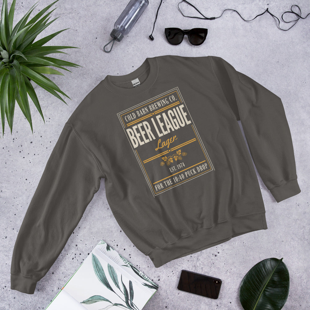 Beer League Cold Barn Brewing lager crewneck sweatshirt — Charcoal, front-right