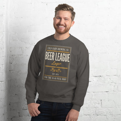 Beer League Cold Barn Brewing lager crewneck sweatshirt — Charcoal, on model