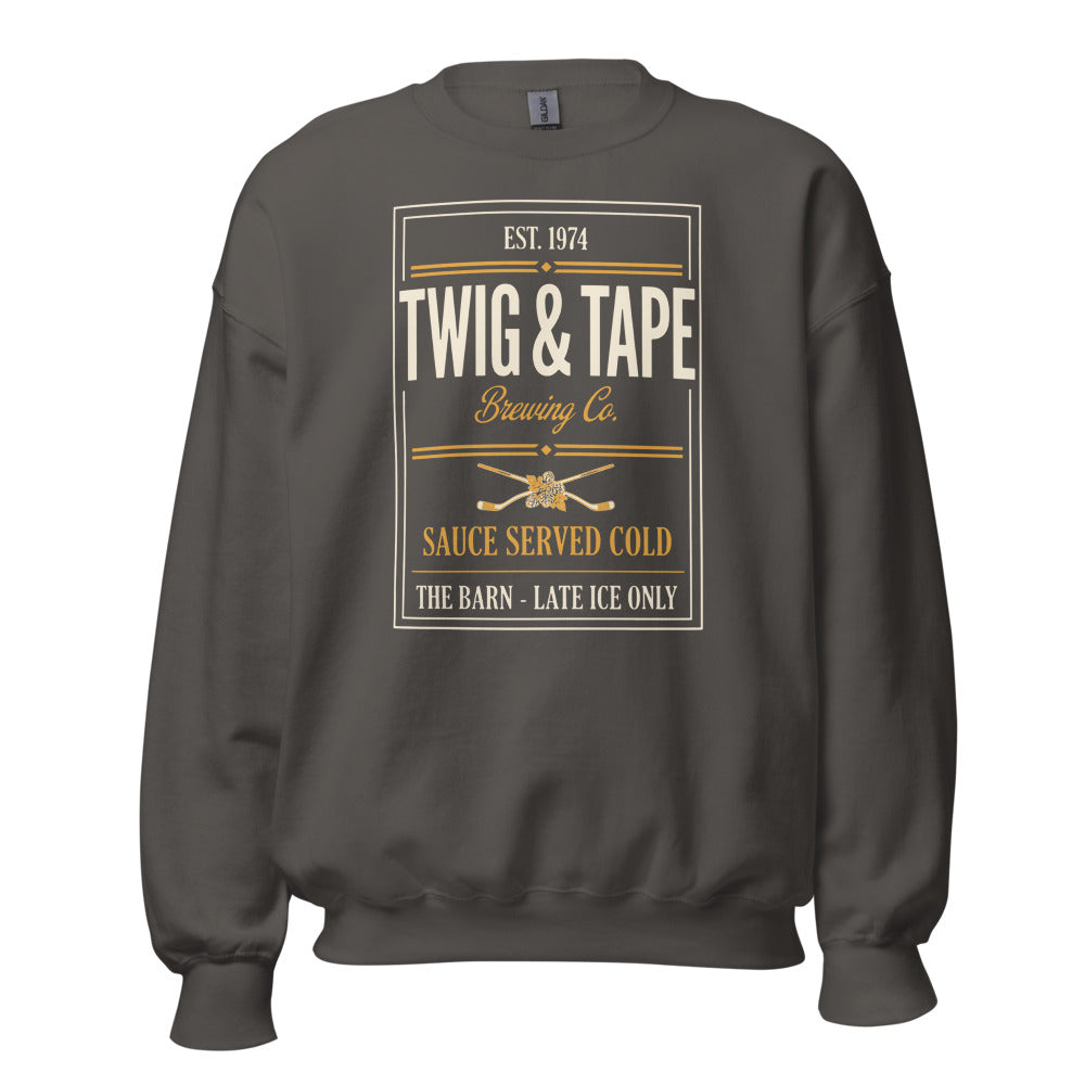 Twig and Tape Brewing Co. beer league hockey crewneck sweatshirt — Charcoal, front