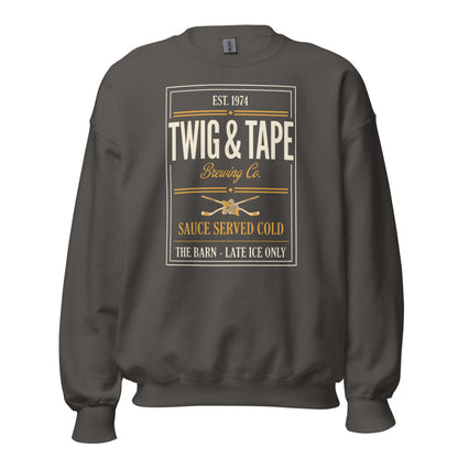 Twig and Tape Brewing Co. beer league hockey crewneck sweatshirt — Charcoal, front