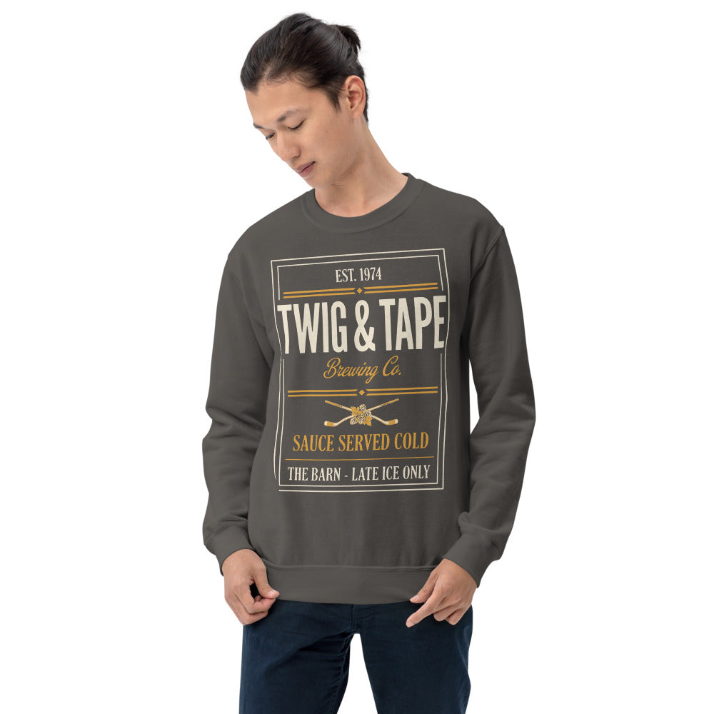 Twig and Tape Brewing Co. beer league hockey crewneck sweatshirt — Charcoal, on model