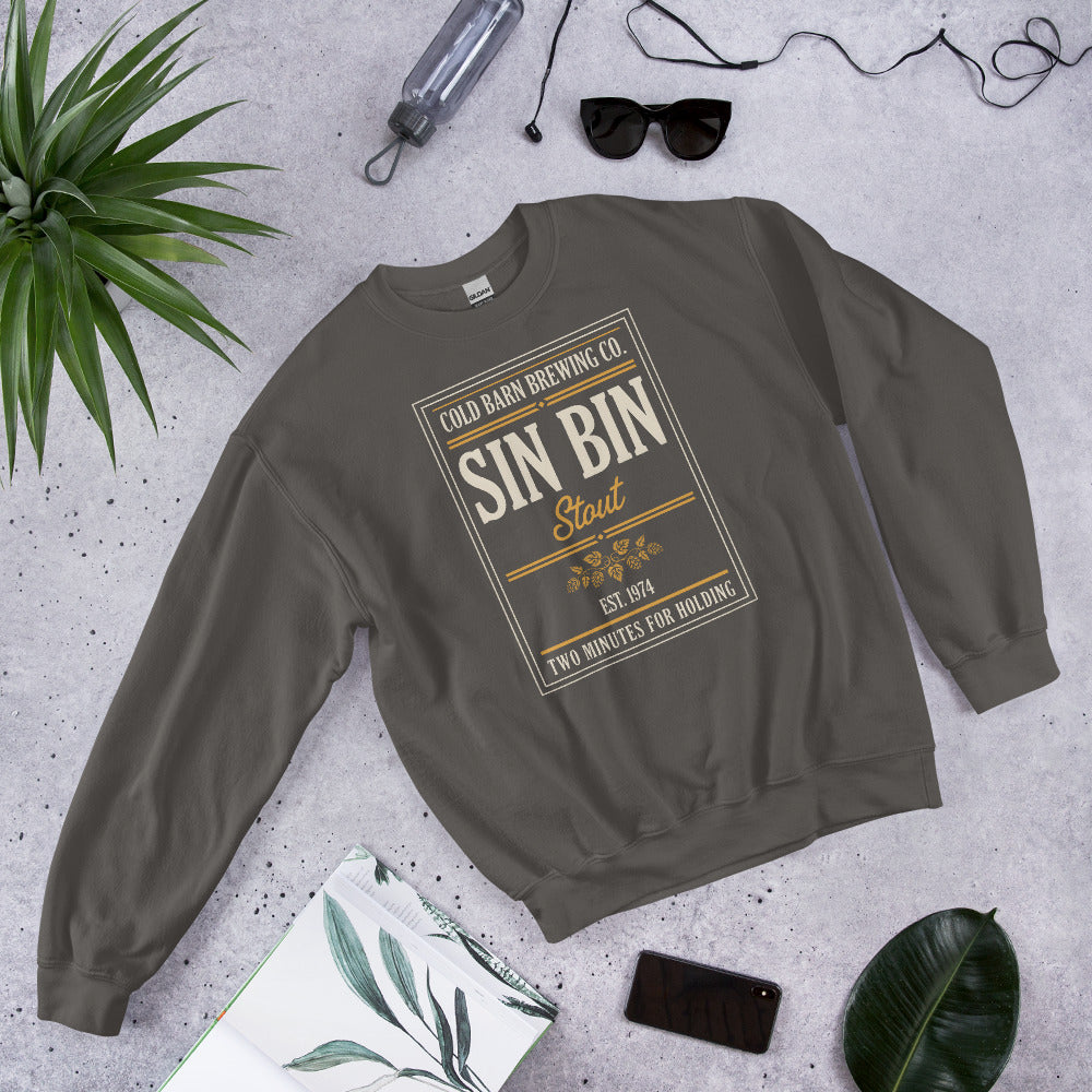 Beer League Sin Bin Stout brewery label crewneck sweatshirt — Charcoal, front-right