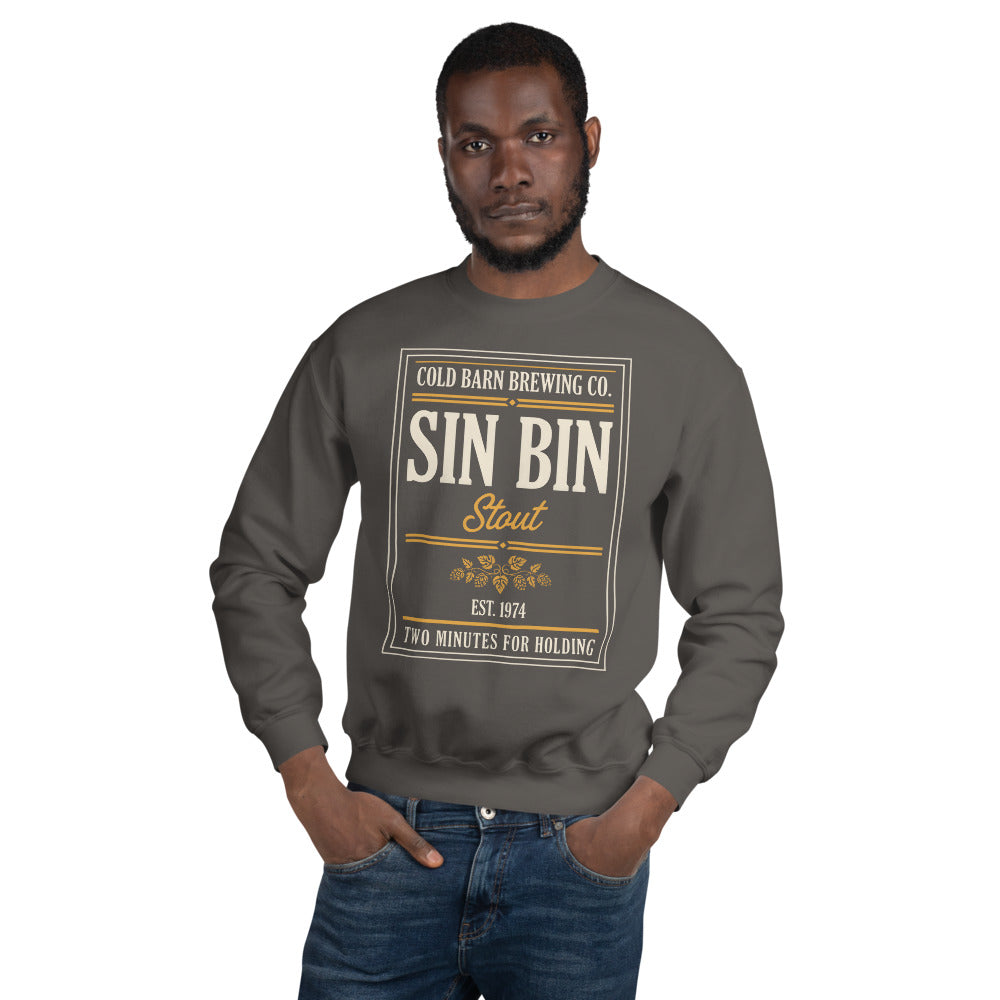 Beer League Sin Bin Stout brewery label crewneck sweatshirt — Charcoal, on model