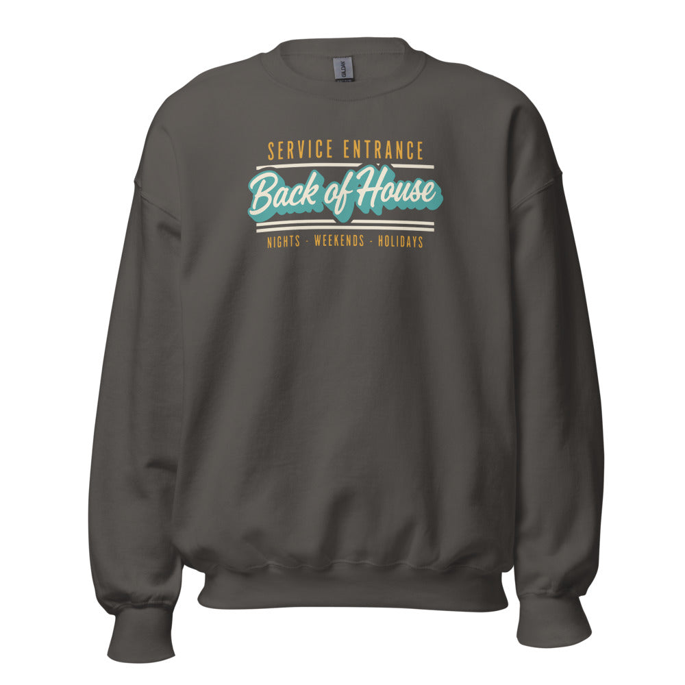 Back of House line cook retro diner service sign crewneck sweatshirt — Charcoal, front