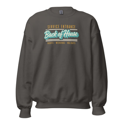 Back of House line cook retro diner service sign crewneck sweatshirt — Charcoal, front