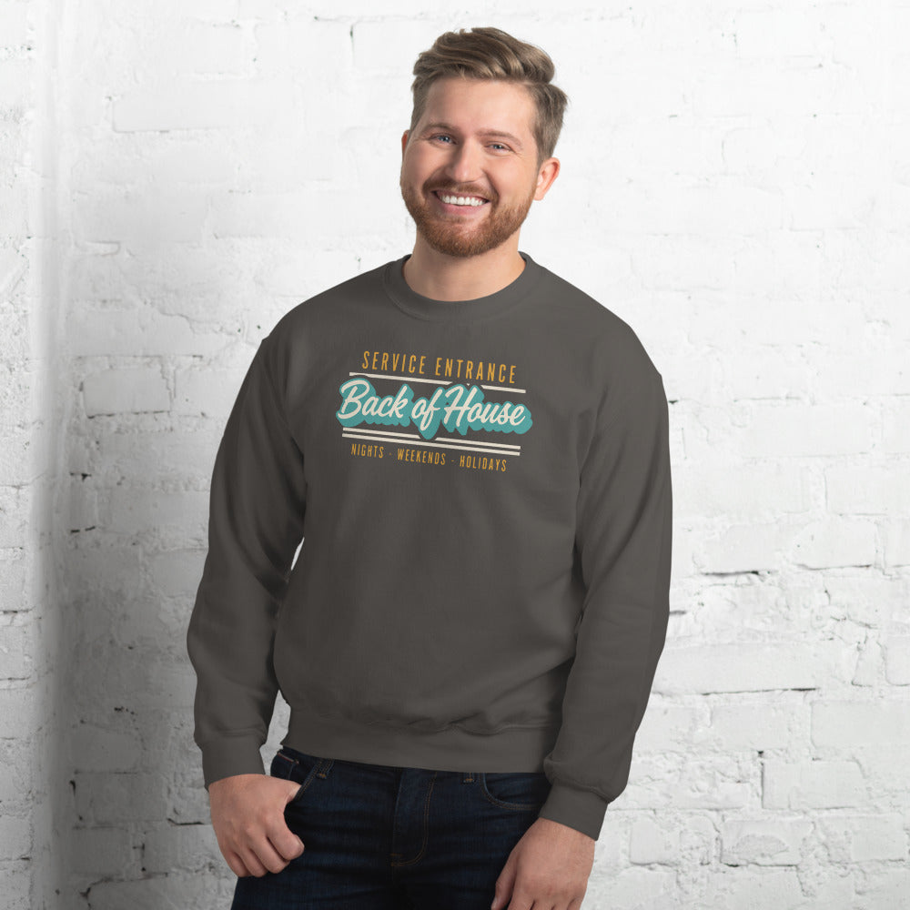 Back of House line cook retro diner service sign crewneck sweatshirt — Charcoal, on model