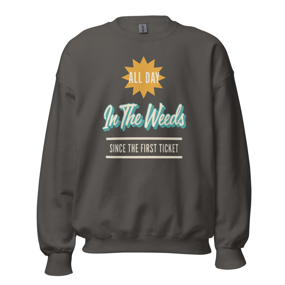 In The Weeds line cook retro diner service sign crewneck sweatshirt — Charcoal, front