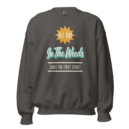 In The Weeds line cook retro diner service sign crewneck sweatshirt — Charcoal, front