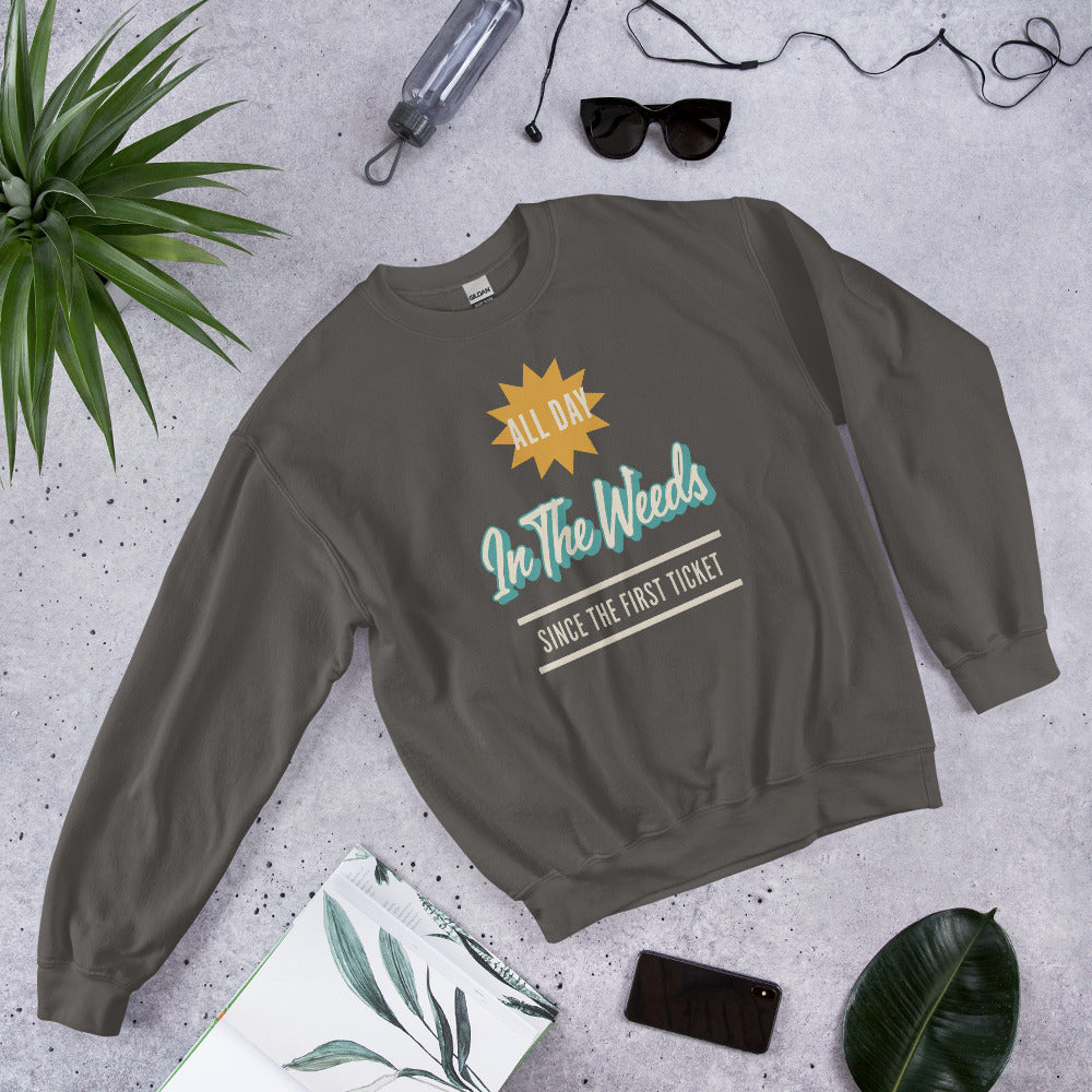 In The Weeds line cook retro diner service sign crewneck sweatshirt — Charcoal, flat lay