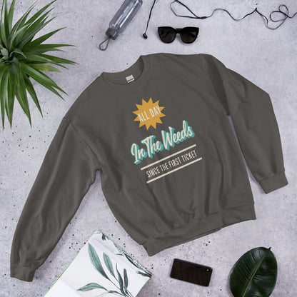 In The Weeds line cook retro diner service sign crewneck sweatshirt — Charcoal, flat lay