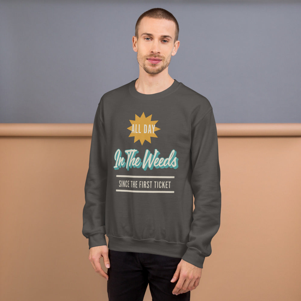 In The Weeds line cook retro diner service sign crewneck sweatshirt — Charcoal, on model